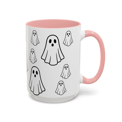 Printify ghost pattern ceramic coffee mug with Halloween design, 11oz or 15oz size, featuring a spooky ghost print.