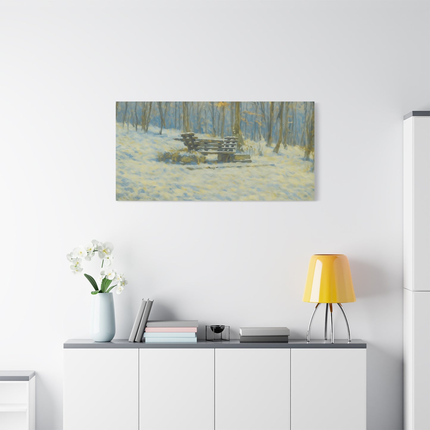 Snowy park bench matte canvas print depicting winter woodland scene, stretched 1.25-inch wall art by Printify