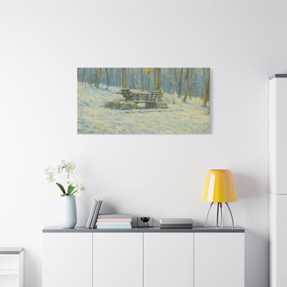 Snowy park bench matte canvas print depicting winter woodland scene, stretched 1.25-inch wall art by Printify
