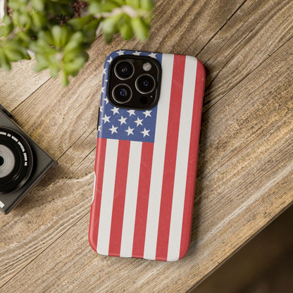American flag tough phone case for iPhone and Samsung, patriotic protective cover with bold flag design by Printify.