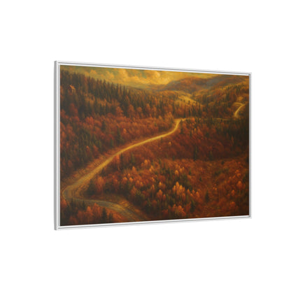 Framed matte canvas print of autumn forest road landscape wall art by Printify, featuring vibrant fall trees and a scenic path.