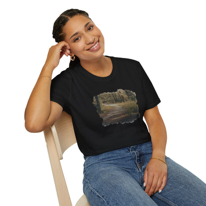 Vintage forest landscape T-shirt by Printify featuring a nature pathway scene on soft fabric.