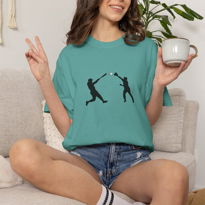 Black baseball silhouette T-shirt featuring a minimal baseball players graphic on a casual Printify tee.