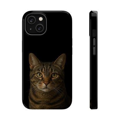 Tabby cat portrait phone case, side angle showing camera cutouts