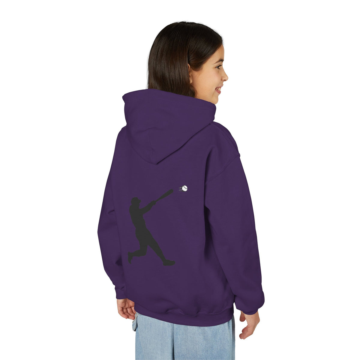 Kids youth baseball silhouette hoodie by Printify, featuring a baseball player graphic on a comfortable pullover sweatshirt.