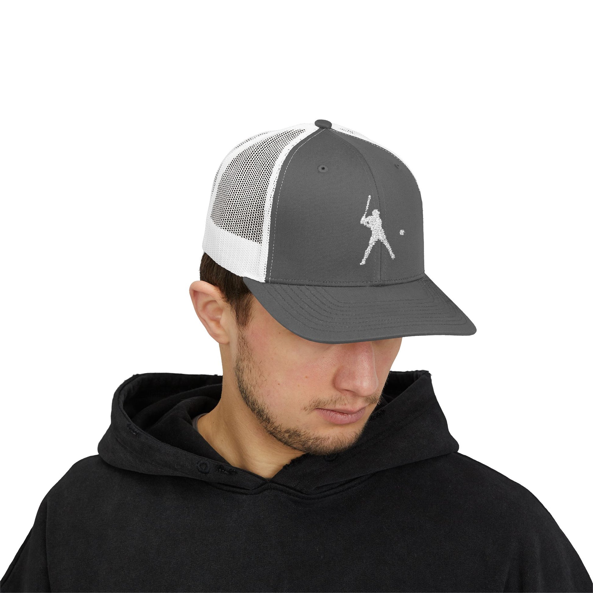 Vintage baseball snapback trucker cap with batter silhouette design, stylish hat from Printify featuring adjustable fit and mesh back.