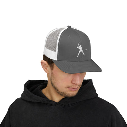 Vintage baseball snapback trucker cap with batter silhouette design, stylish hat from Printify featuring adjustable fit and mesh back.