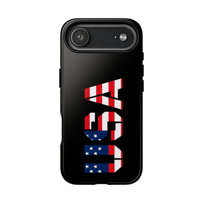 Printify patriotic American flag phone case, durable tough cover with bold red, white, and blue design for smartphones.