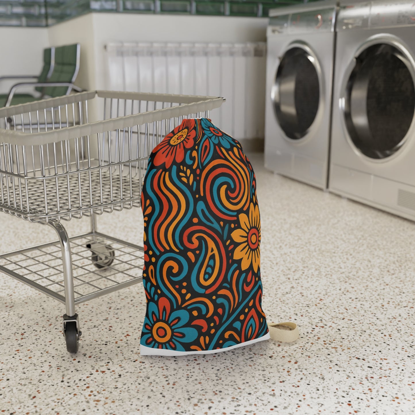 Retro Floral Swirl Laundry Bag | Boho Flower Drawstring Bag - TRV