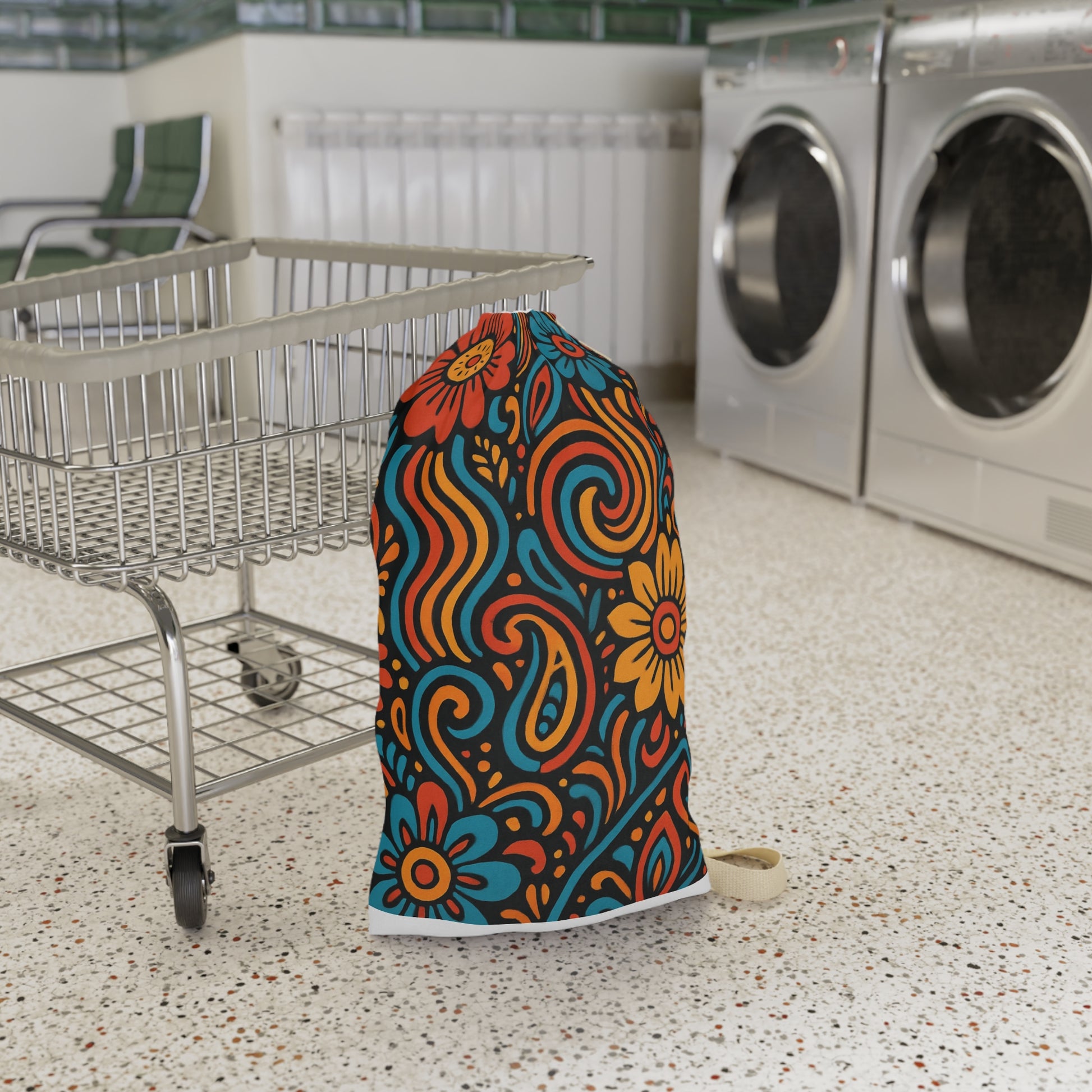 Retro Floral Swirl Laundry Bag | Boho Flower Drawstring Bag - TRV