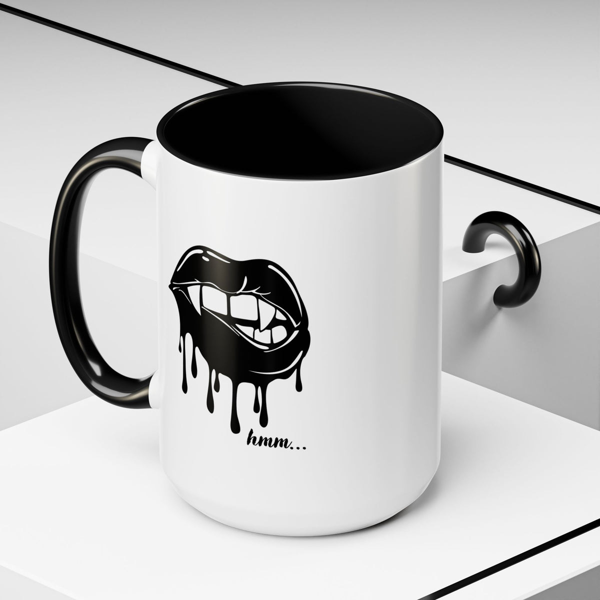 Black ceramic coffee mug with dripping lips bite graphic, 11oz or 15oz, Printify Dripping Lips Accent Mug for hot beverages.