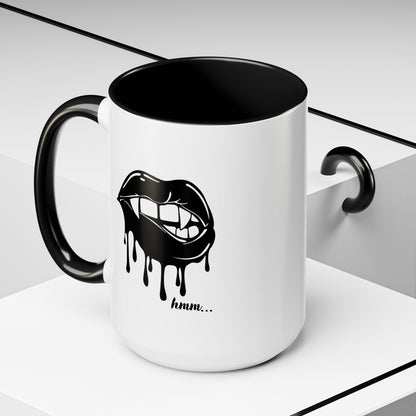 Black ceramic coffee mug with dripping lips bite graphic, 11oz or 15oz, Printify Dripping Lips Accent Mug for hot beverages.