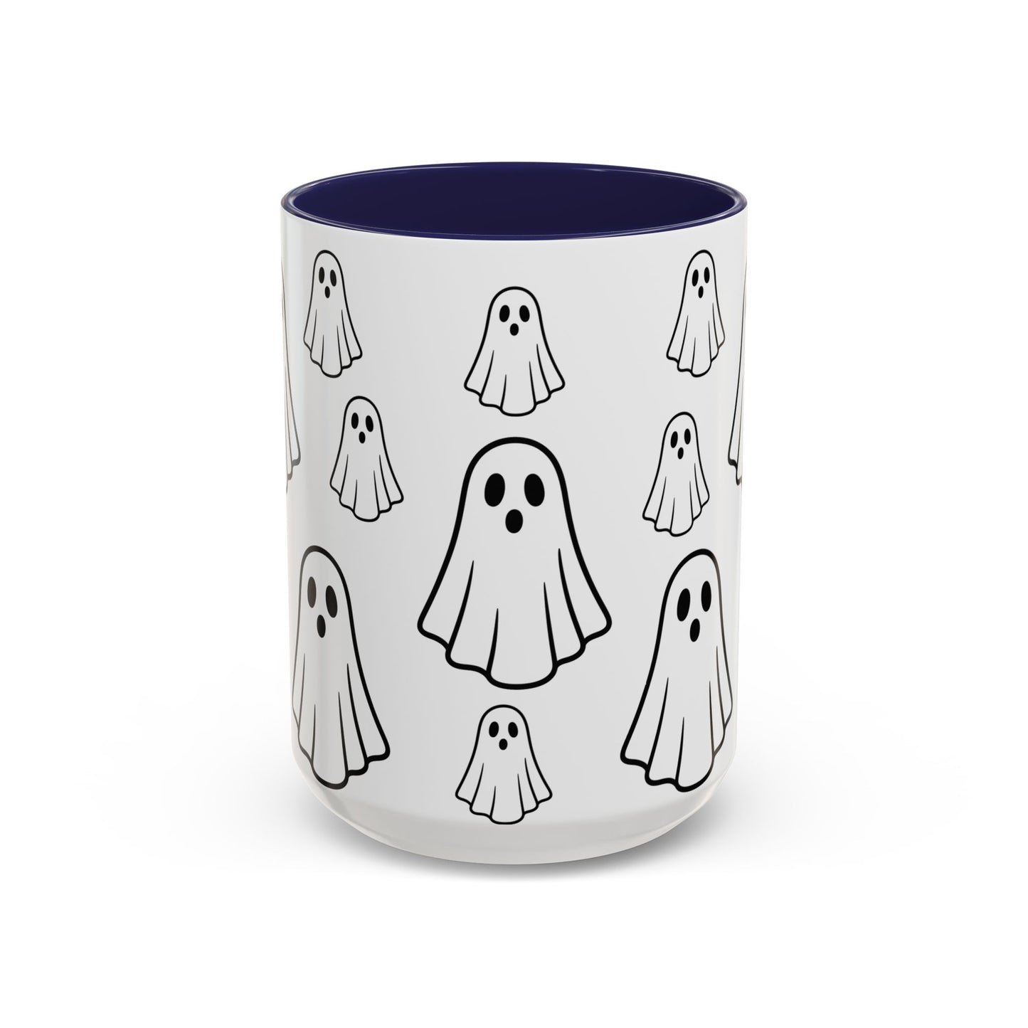 Printify ghost pattern accent ceramic coffee mug with Halloween-themed design, 11oz or 15oz size, perfect for festive drinks.