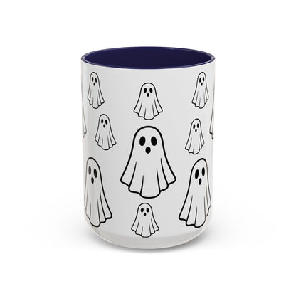 Printify ghost pattern accent ceramic coffee mug with Halloween-themed design, 11oz or 15oz size, perfect for festive drinks.
