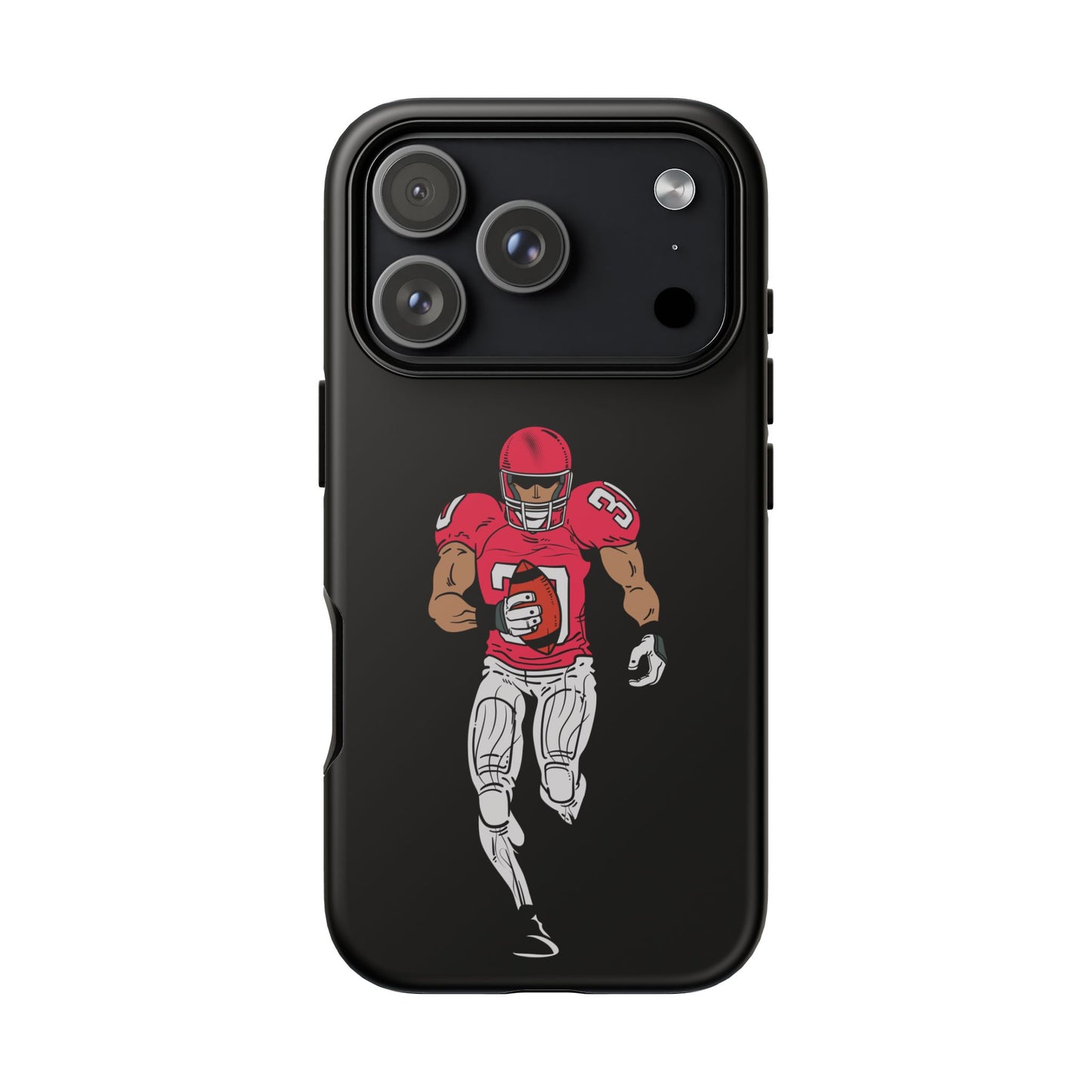 Black football player tough phone case for iPhone, durable protective sports design by Printify, featuring athletic action imagery.