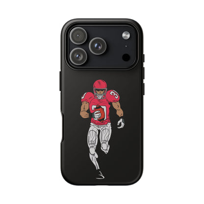 Black football player tough phone case for iPhone, durable protective sports design by Printify, featuring athletic action imagery.