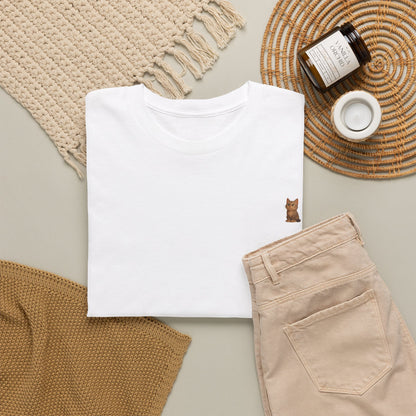 Brown kitten graphic on a cat lover T-shirt by Printify, featuring a cute and cozy design for feline enthusiasts.