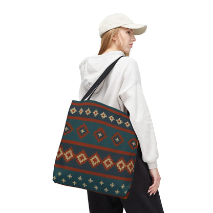 Southwestern diamond pattern tote bag by Printify featuring Aztec tribal geometric print, with sturdy fabric handles and vibrant design.