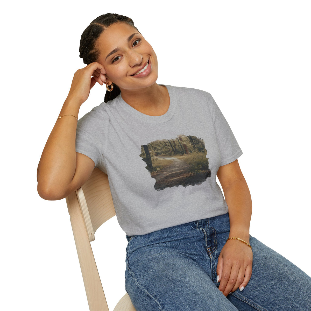 Vintage forest landscape T-shirt by Printify featuring a nature pathway scene on soft fabric.