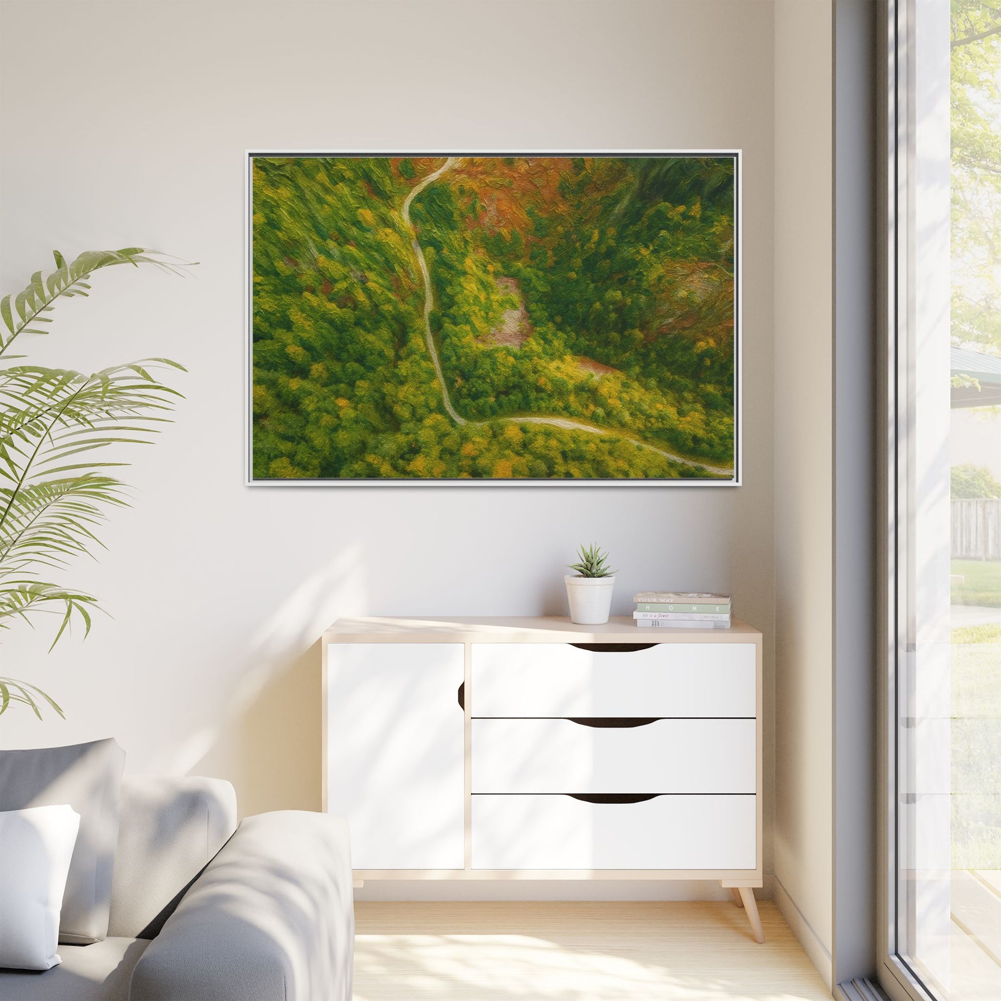 Multicolor framed matte canvas wall art featuring an aerial forest path landscape by Printify, showcasing vibrant nature scenery.