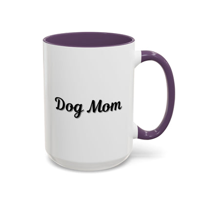 Dog Mom Accent Coffee Mug — white ceramic coffee mug with retro script "Dog Mom" print, colored interior and C-handle, 11oz/15oz, top-down view