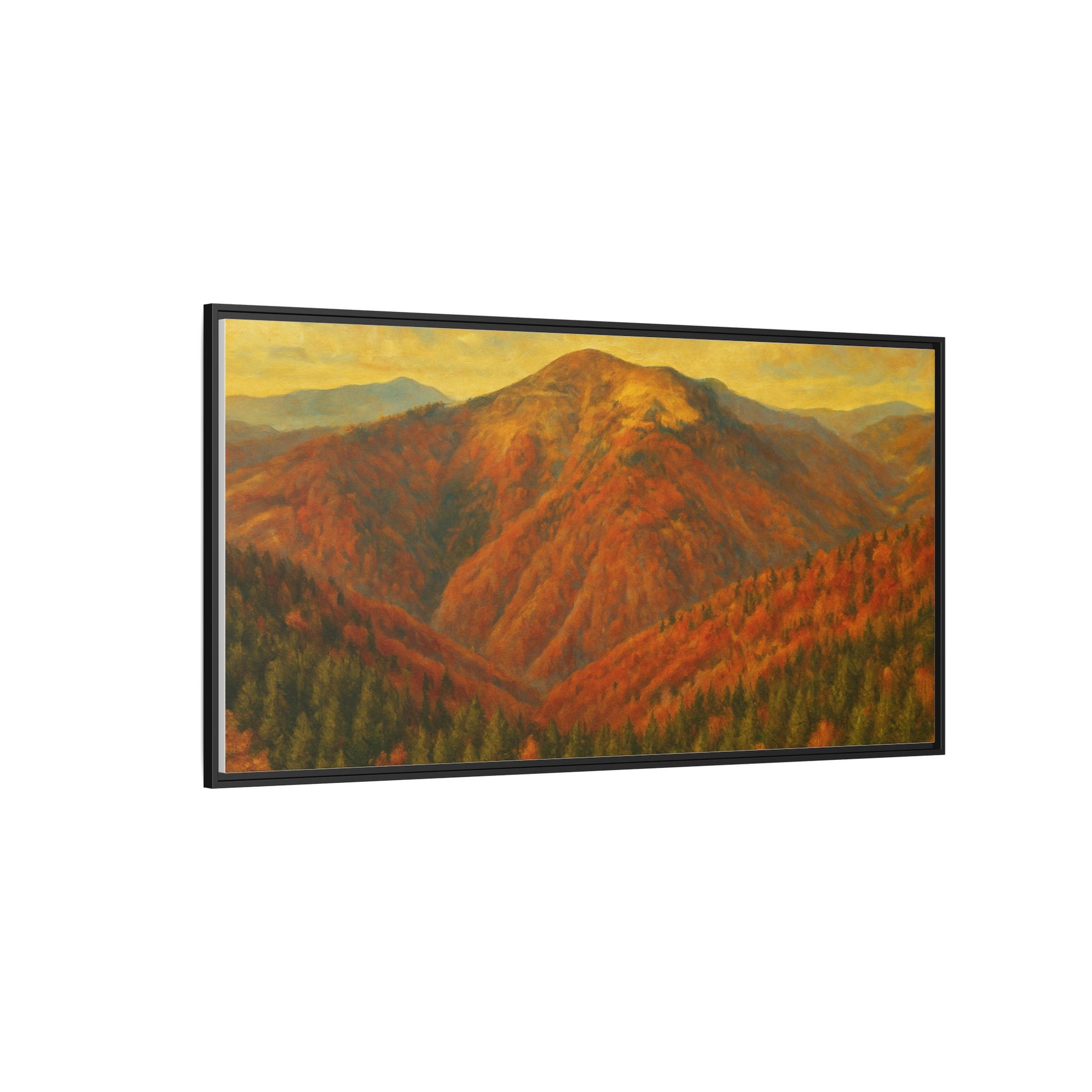 Autumn mountain matte canvas framed wall art by Printify featuring a scenic mountain landscape in warm autumn tones.