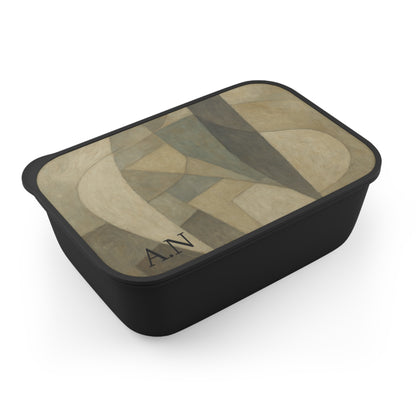Abstract geometric pattern PLA bento box with band and utensils, designed for lunch and meal accessories by Printify.