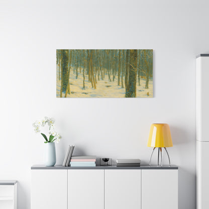 Snowy winter forest canvas print on stretched matte canvas, featuring a winter landscape with snow-covered trees and peaceful scenery.