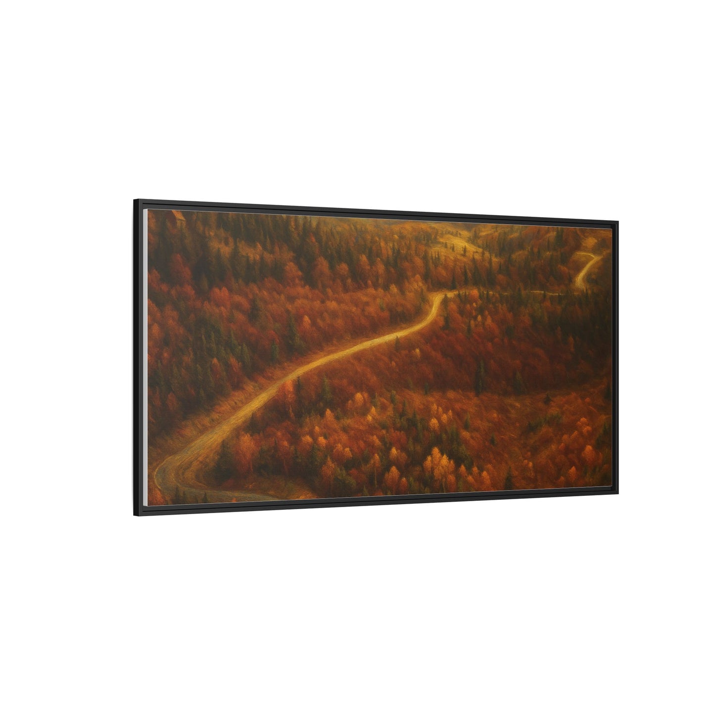Framed matte canvas print of autumn forest road landscape wall art by Printify, featuring vibrant fall colors and natural scenery.