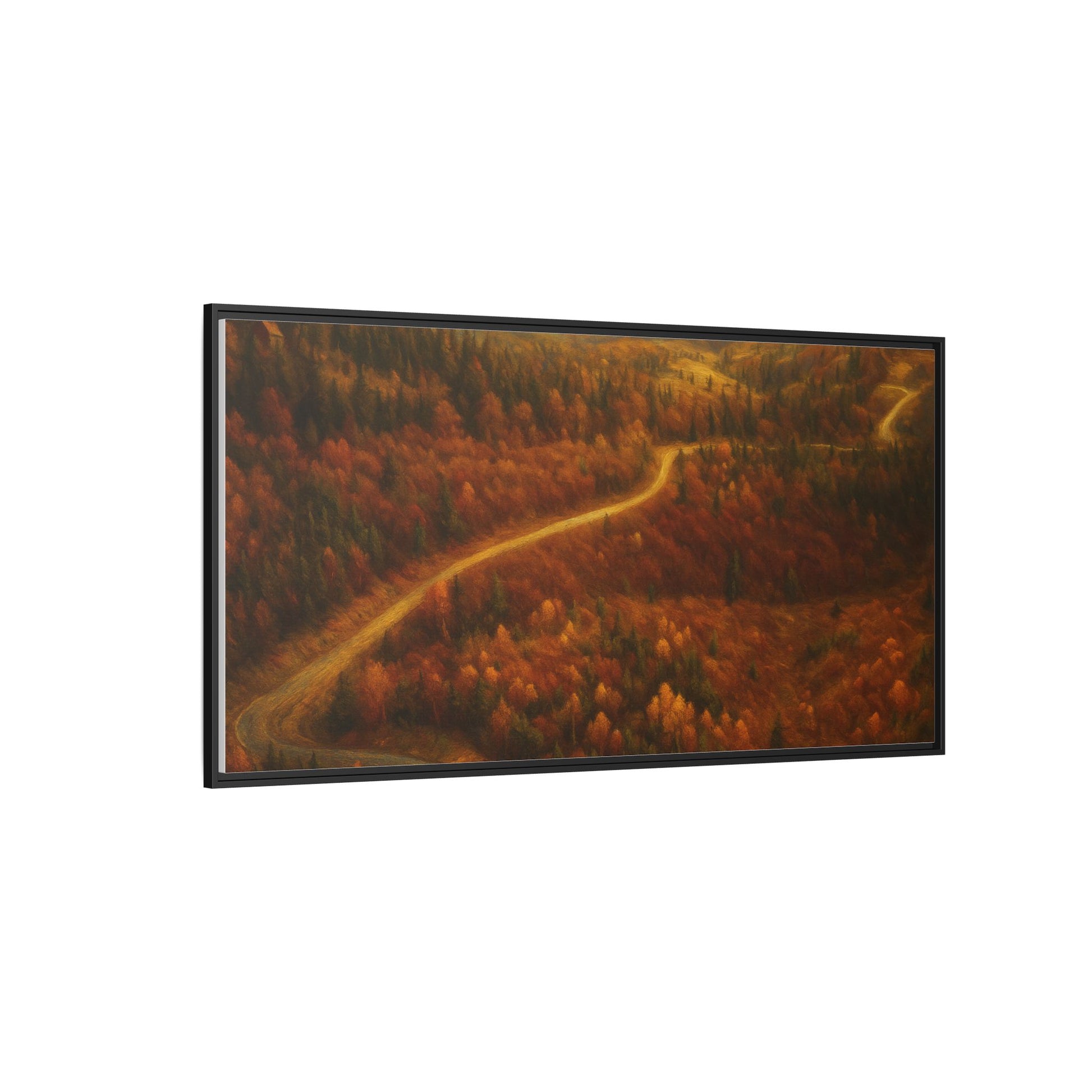 Framed matte canvas print of autumn forest road landscape wall art by Printify, featuring vibrant fall colors and natural scenery.