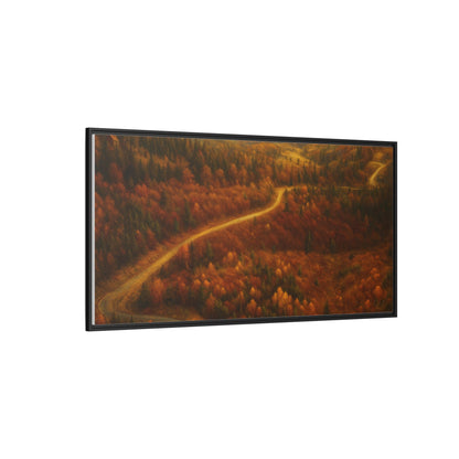 Framed matte canvas print of autumn forest road landscape wall art by Printify, featuring vibrant fall colors and natural scenery.
