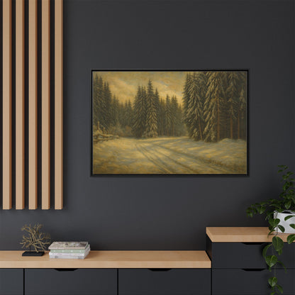 Framed matte canvas wall art featuring a winter forest landscape with snow-covered trees and serene woodland scenery.
