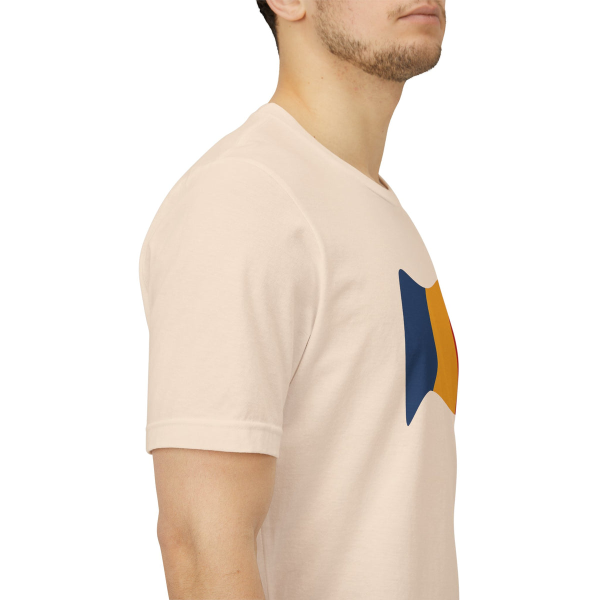 Romania flag T-shirt by Printify featuring a minimal waving tricolor design on a comfortable cotton tee.