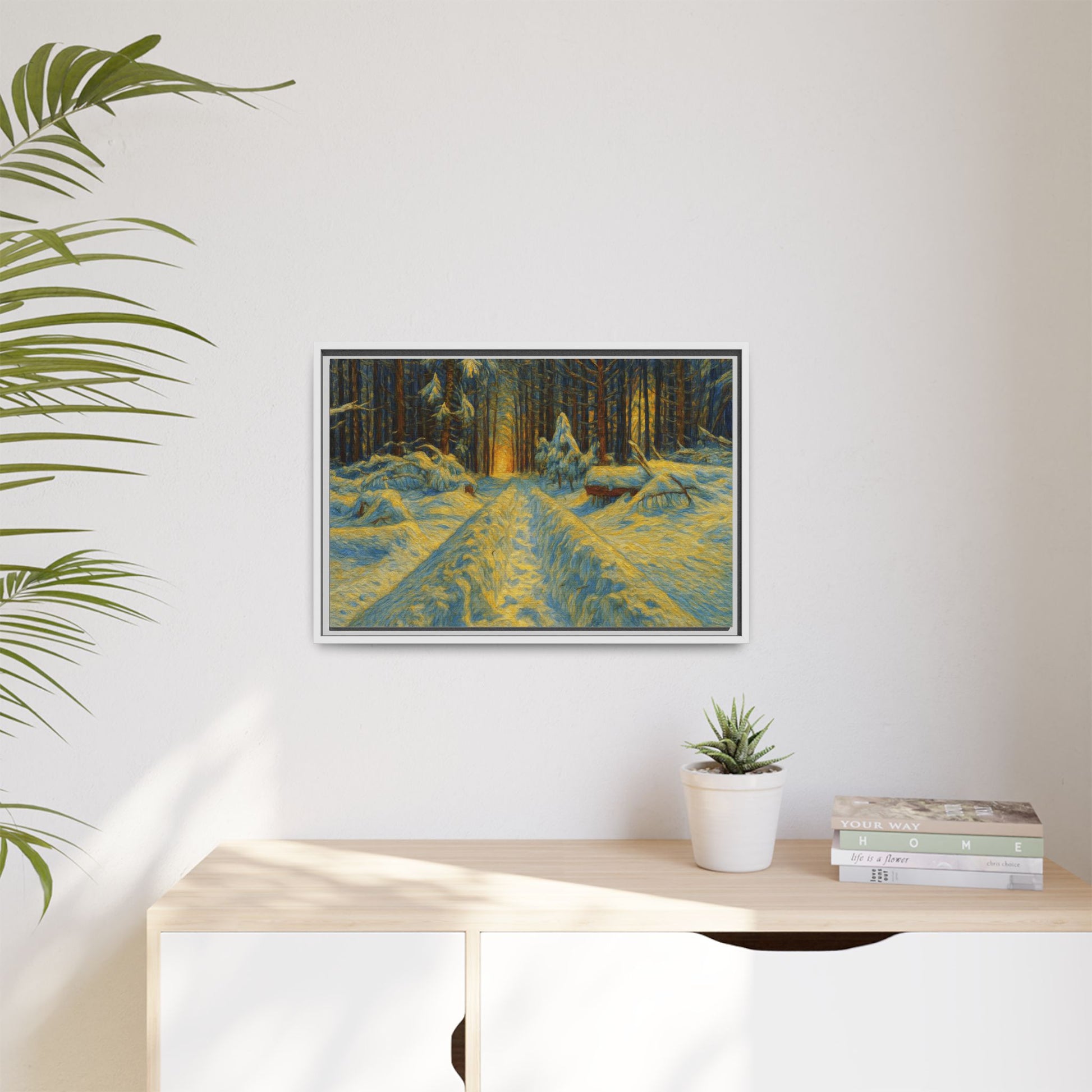 Framed matte canvas print of a snowy forest path at sunset, wall art by Printify, showcasing winter landscape and natural colors.