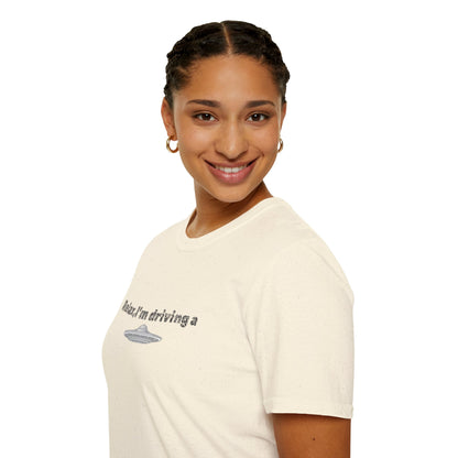 Funny UFO T-Shirt with alien graphic, featuring sci-fi design on a comfortable Printify T-shirt for space enthusiasts.