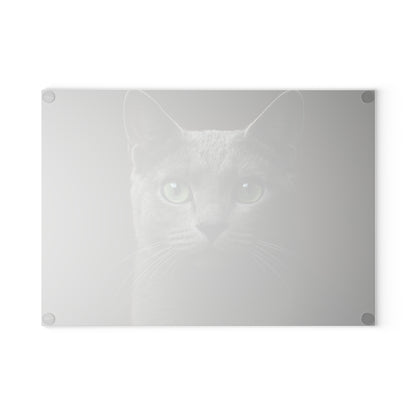 Russian Blue Cat Glass Cutting Board — Decorative Kitchen Cutting Board with Green-Eyed Cat Portrait