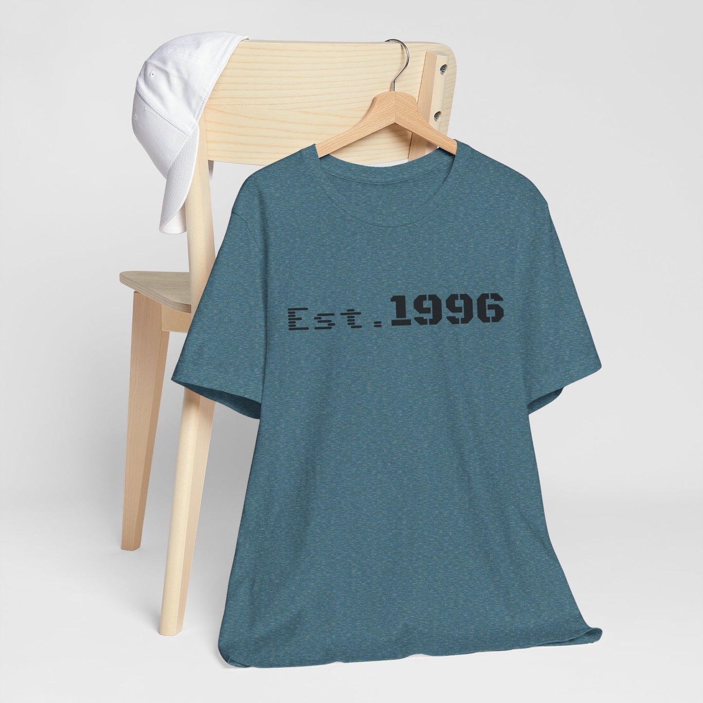 Vintage Est. 1996 T-shirt by Printify featuring retro design, perfect as a birth year birthday gift, displayed on a flat surface.