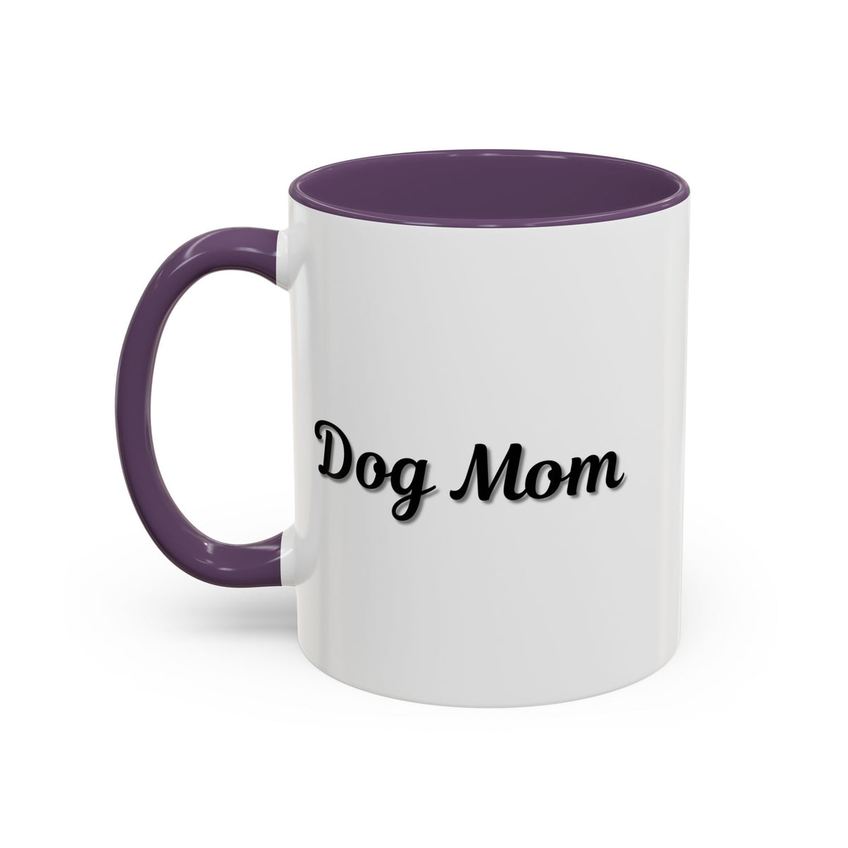 Dog Mom Accent Coffee Mug — white ceramic coffee mug with retro script "Dog Mom" print, colored interior and C-handle, 11oz/15oz, front view