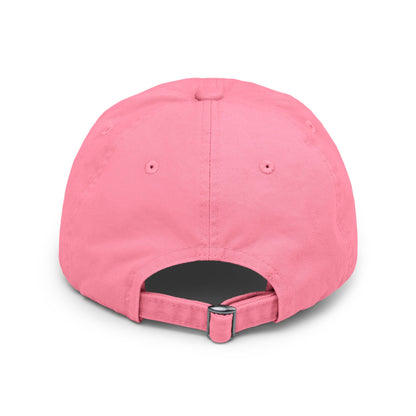 Distressed baseball cap featuring silhouette batter design, casual hat by Printify with a worn, vintage look.