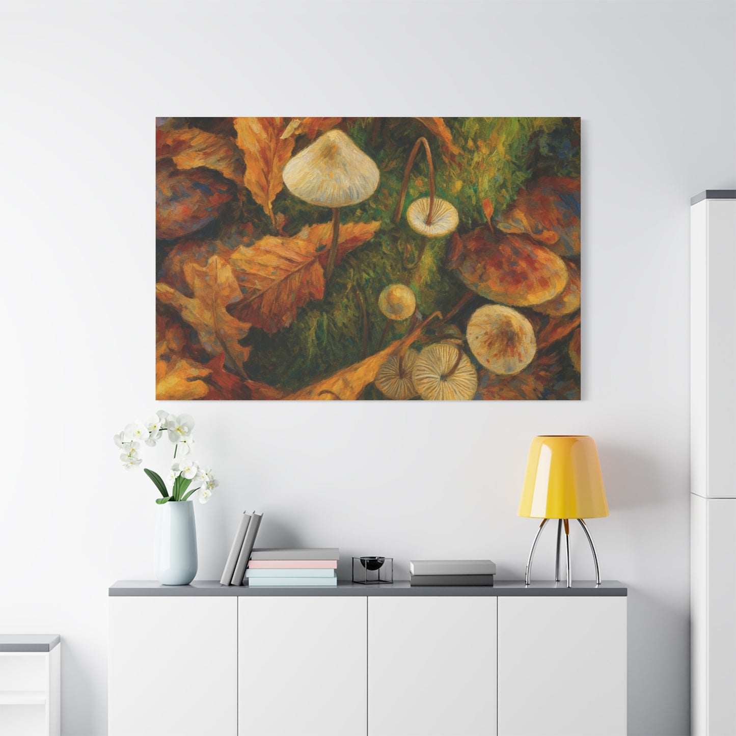 Colorful autumn mushrooms printed on a canvas art piece by Printify, featuring vibrant fall forest mushrooms and foliage.
