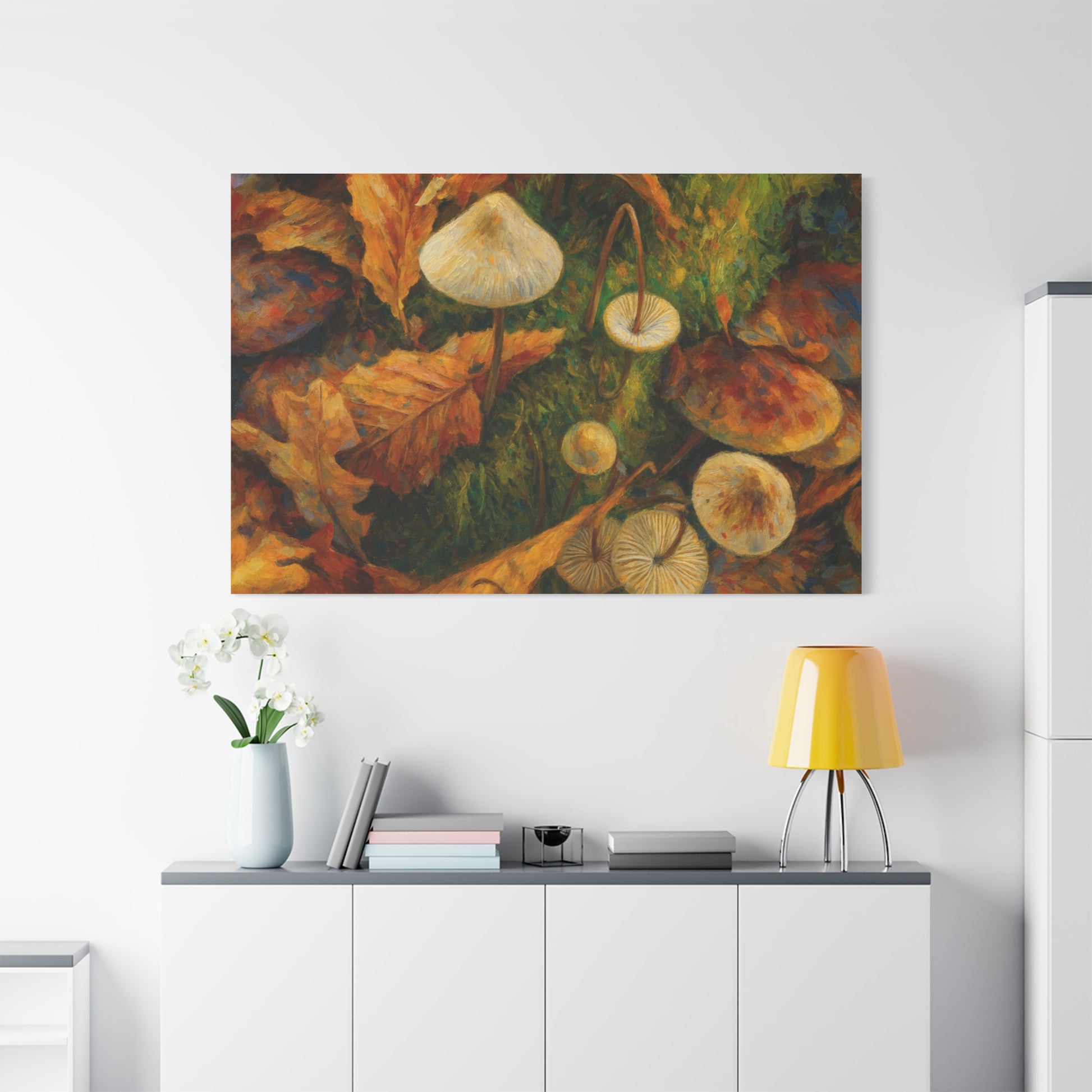 Colorful autumn mushrooms printed on a canvas art piece by Printify, featuring vibrant fall forest mushrooms and foliage.
