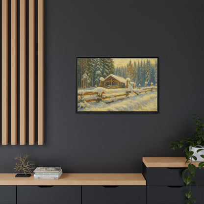 Snowy cabin winter landscape canvas wall art by Printify featuring a cozy snowy scene with a framed matte finish.