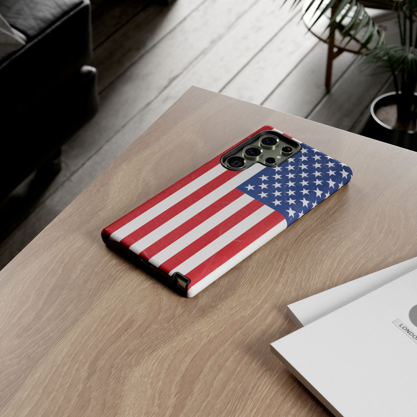 Durable American flag phone case for iPhone, featuring patriotic design and protective tough cover by Printify.
