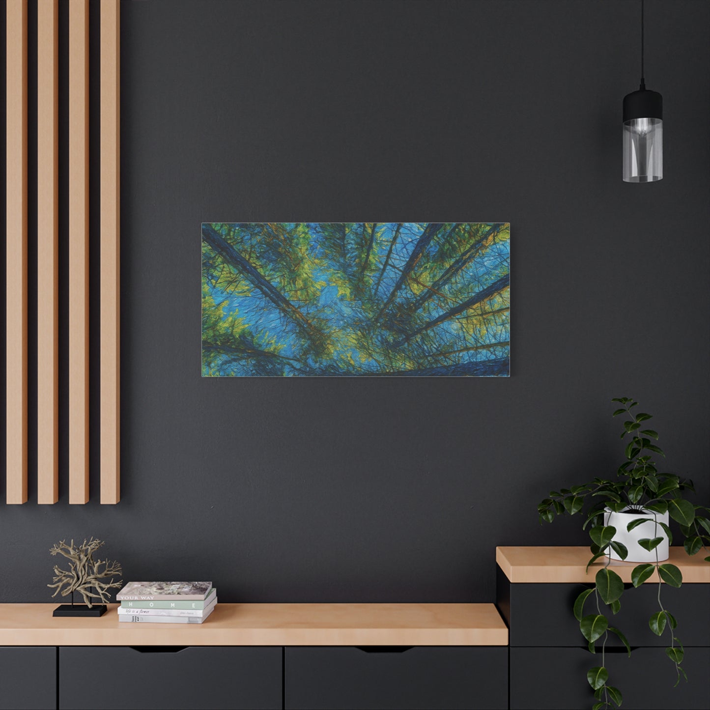 Forest Canopy Matte Canvas Wall Art — Upward View of Trees, Blue & Green Nature Print