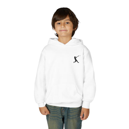 Kids baseball hoodie featuring a silhouette of a young baseball player, pullover style, from Printify.