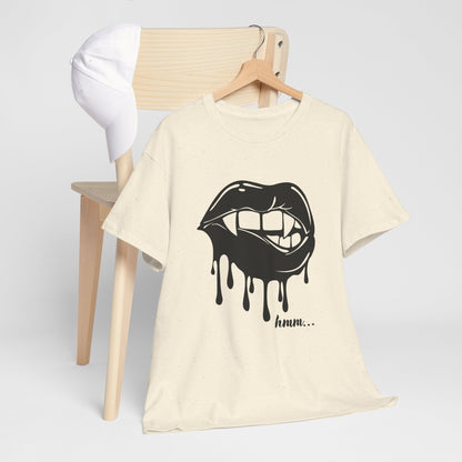 Black graphic t-shirt featuring dripping lips and 'hmm...' bite design by Printify, front view, casual style.