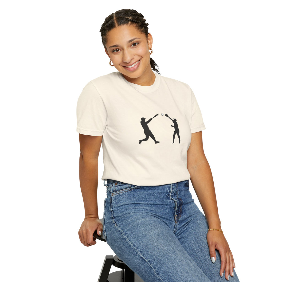 Black baseball silhouette graphic T-shirt by Printify featuring minimal baseball player design on soft cotton fabric.