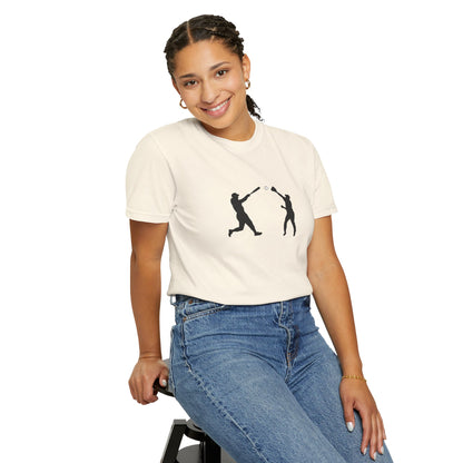 Black baseball silhouette graphic T-shirt by Printify featuring minimal baseball player design on soft cotton fabric.