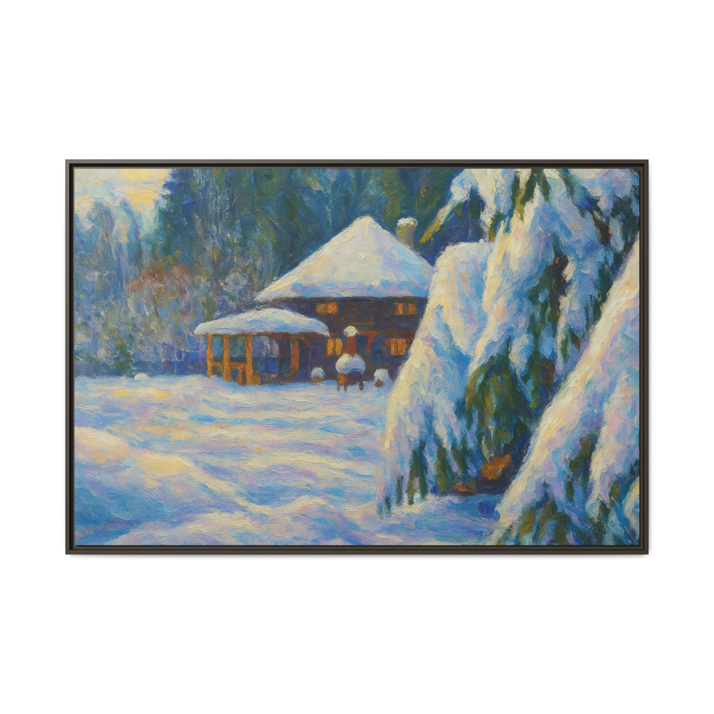 Framed matte canvas wall art of a snowy cabin winter landscape, featuring a cozy cabin surrounded by snow-covered trees.