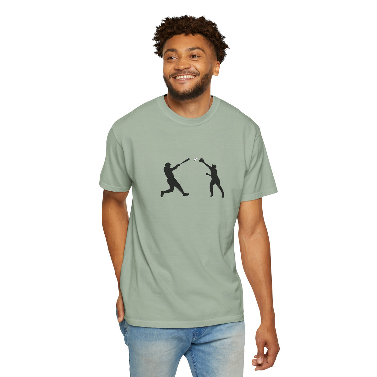 Minimal baseball players silhouette graphic T-shirt by Printify, featuring a simple, stylish baseball-themed design on a casual tee.